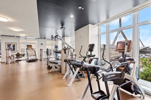 Fitness Equipment, Gym, Interior, Recessed Lighting, Wood Texture Flooring