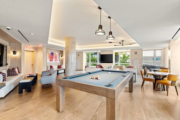 Billiard Table, Dining room, Game Room, Interior, Living room, Pendant Lights, Recessed Lighting, Wood Texture Flooring