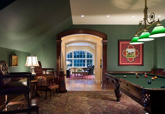 Billiard Table, Game Room, Interior, Pendant Lights, Recessed Lighting, Wood Texture Flooring