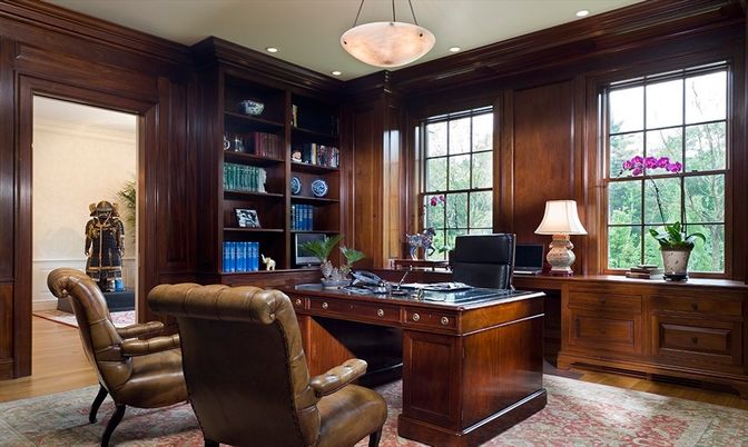 Home Office, Interior, Pendant Lights, Recessed Lighting, Wood Texture Flooring