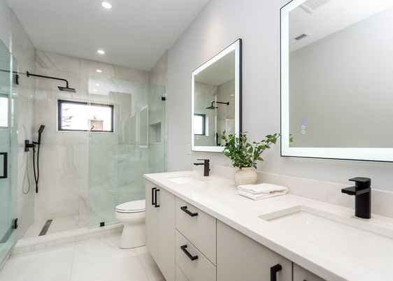 Bathroom, Dual Sink Vanities, Glass Shower, Interior, Marble Walls, Recessed Lighting
