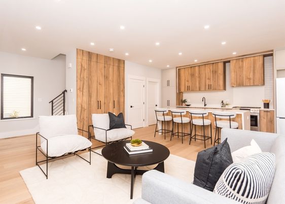 Interior, Kitchen, Living room, Recessed Lighting, Stainless Steel Appliances, Wood Texture Flooring