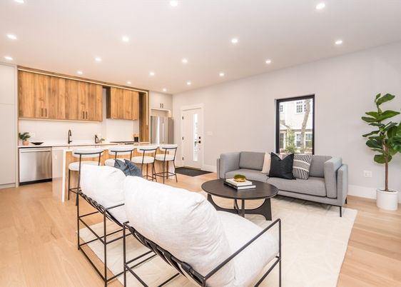 Interior, Kitchen, Living room, Recessed Lighting, Stainless Steel Appliances, Wood Texture Flooring