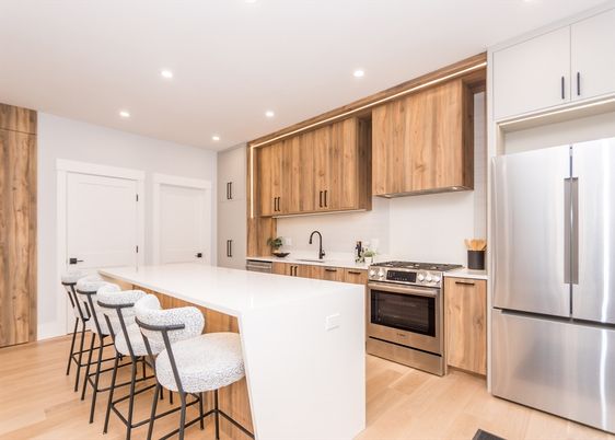 Interior, Kitchen, Recessed Lighting, Stainless Steel Appliances, Wood Texture Flooring