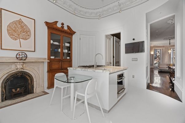 Dining room, Fireplace, Interior, Kitchen, Pendant Lights, Recessed Lighting, Wood Texture Flooring