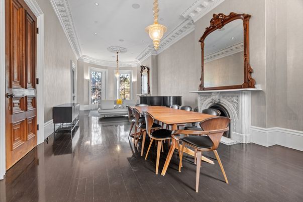 Dining room, Fireplace, Interior, Pendant Lights, Piano, Recessed Lighting, Wood Texture Flooring