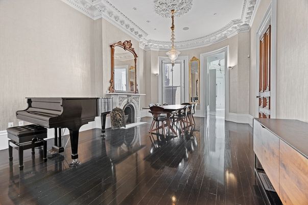Dining room, Fireplace, Interior, Pendant Lights, Piano, Recessed Lighting, Wood Texture Flooring