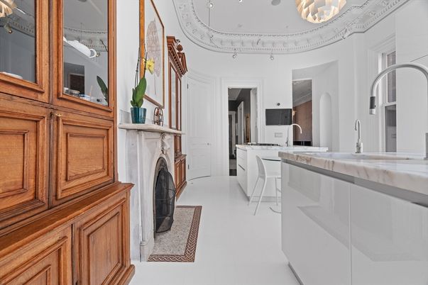 Chandelier, Fireplace, Interior, Kitchen, Pendant Lights, Recessed Lighting