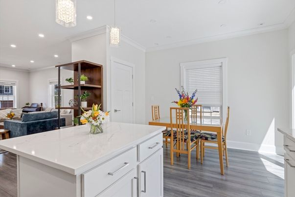 Dining room, Interior, Kitchen, Living room, Pendant Lights, Recessed Lighting, Wood Texture Flooring