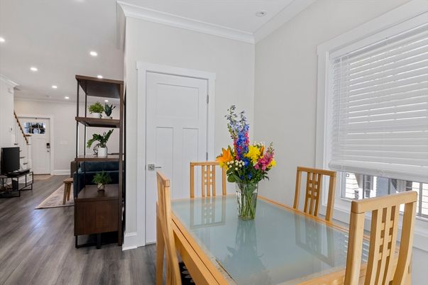 Dining room, Interior, Recessed Lighting, Wood Texture Flooring