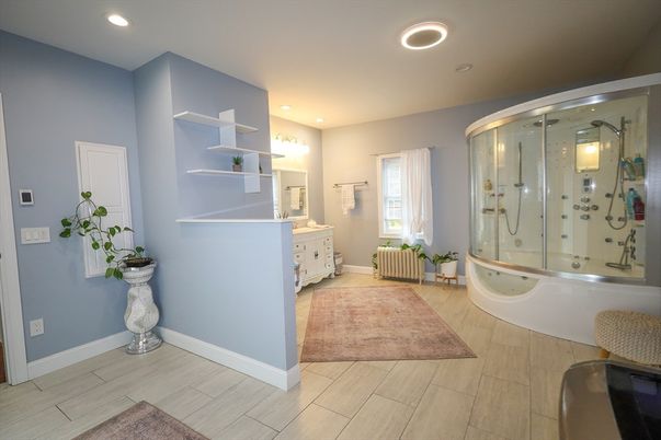 Bathroom, Glass Shower, Interior, Recessed Lighting, Wood Texture Flooring