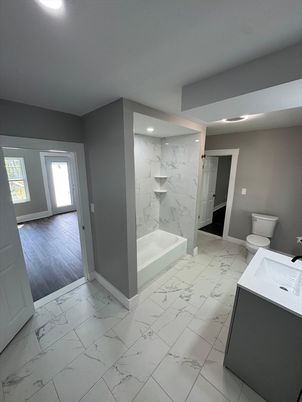 Bathroom, Interior, Marble, Marble Walls, Recessed Lighting, Wood Texture Flooring
