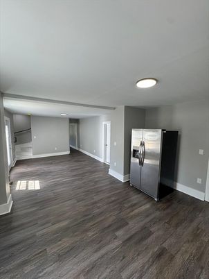 Empty room, Interior, Kitchen, Stainless Steel Appliances, Wood Texture Flooring