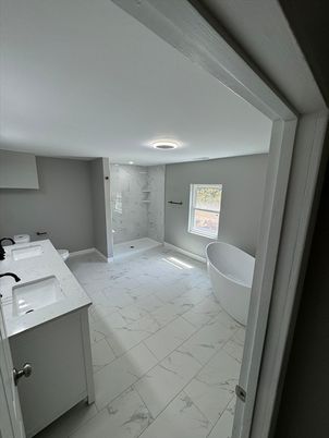 Bathroom, Dual Sink Vanities, Free Standing Baths, Interior, Marble, Marble Walls