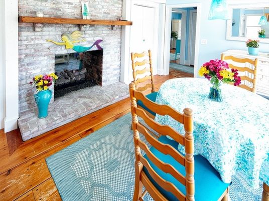 Dining room, Fireplace, Interior, Stone Walls, Wood Texture Flooring