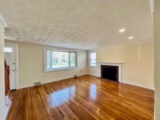 Empty room, Fireplace, Interior, Recessed Lighting, Wood Texture Flooring