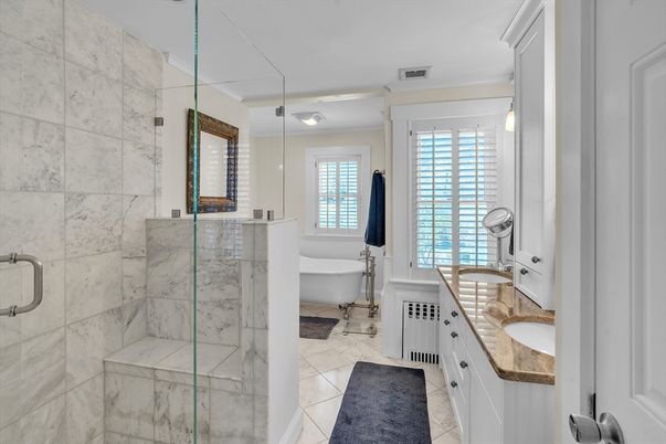 Bathroom, Dual Sink Vanities, Free Standing Baths, Glass Shower, Interior, Marble, Marble Walls