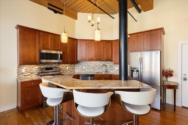 Interior, Kitchen, Pendant Lights, Stainless Steel Appliances, Wooden Beams, Wood Texture Flooring