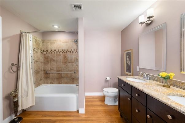 Bathroom, Dual Sink Vanities, Interior, Recessed Lighting, Wood Texture Flooring