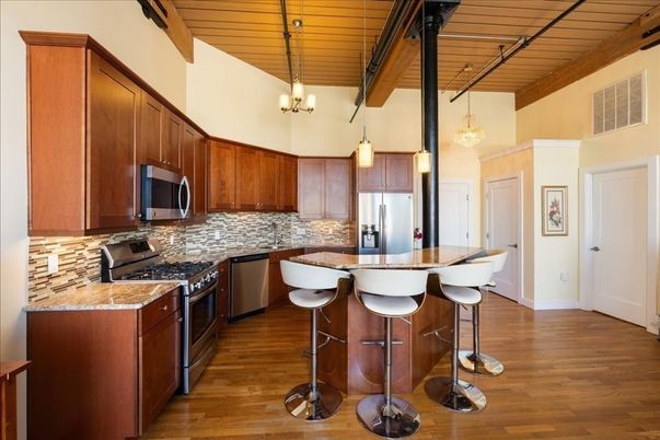 Chandelier, Interior, Kitchen, Pendant Lights, Stainless Steel Appliances, Wooden Beams, Wooden Ceilings, Wood Texture Flooring