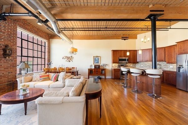 Interior, Kitchen, Living room, Pendant Lights, Stainless Steel Appliances, Stone Walls, Wooden Beams, Wooden Ceilings, Wood Texture Flooring