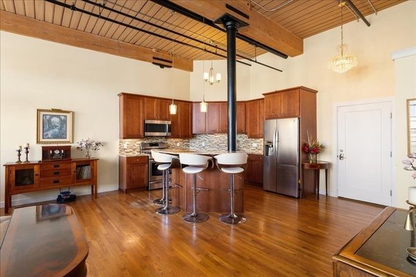 Chandelier, Interior, Kitchen, Pendant Lights, Stainless Steel Appliances, Wooden Beams, Wood Texture Flooring
