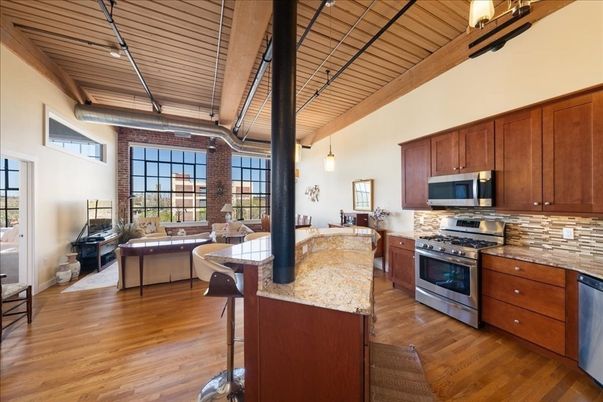 Interior, Kitchen, Living room, Pendant Lights, Stainless Steel Appliances, Wooden Ceilings, Wood Texture Flooring