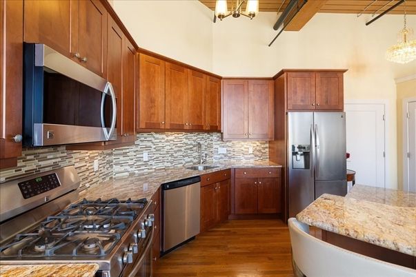 Chandelier, Interior, Kitchen, Pendant Lights, Stainless Steel Appliances, Wood Texture Flooring