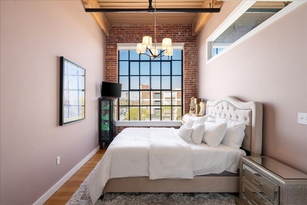 Bedroom, Chandelier, Interior, Stone Walls, Wooden Beams, Wood Texture Flooring