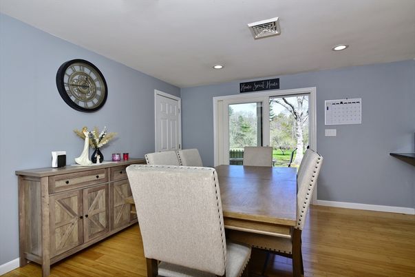 Dining room, Interior, Recessed Lighting, Wood Texture Flooring