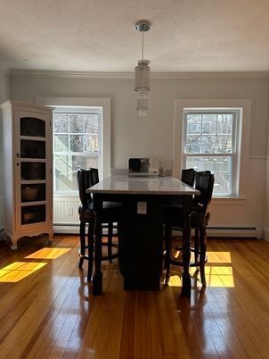 Dining room, Interior, Pendant Lights, Wood Texture Flooring