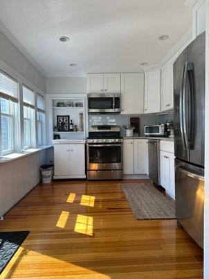 Interior, Kitchen, Recessed Lighting, Stainless Steel Appliances, Wood Texture Flooring