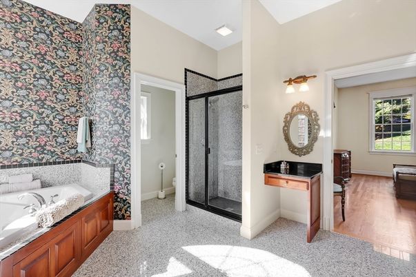 Bathroom, Glass Shower, Interior, Wood Texture Flooring
