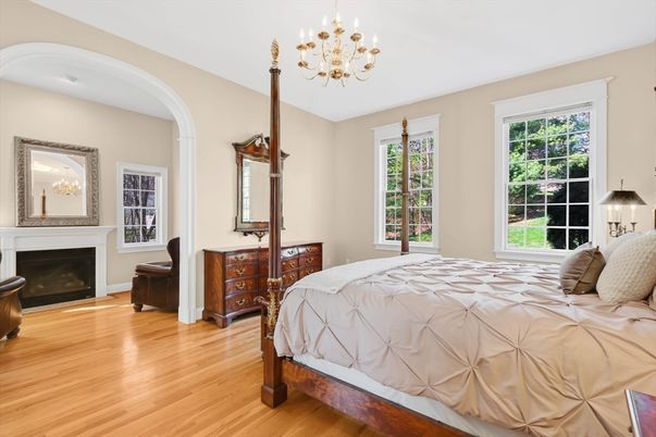 Bedroom, Chandelier, Fireplace, Interior, Wood Texture Flooring