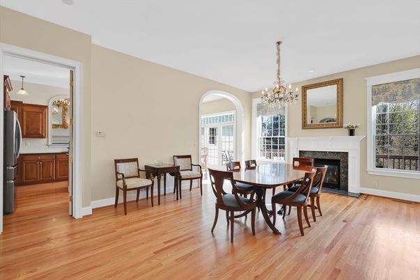 Chandelier, Dining room, Fireplace, Interior, Pendant Lights, Wood Texture Flooring