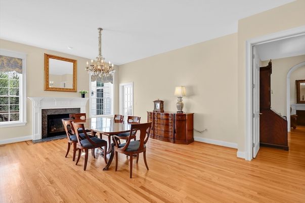 Chandelier, Dining room, Fireplace, Interior, Wood Texture Flooring