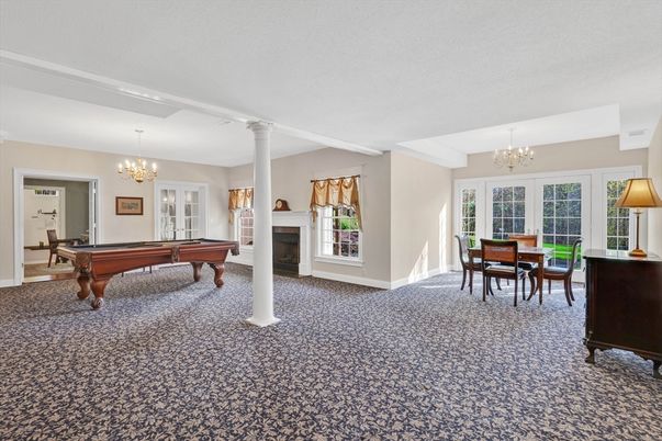 Billiard Table, Chandelier, Dining room, Fireplace, Game Room, Interior