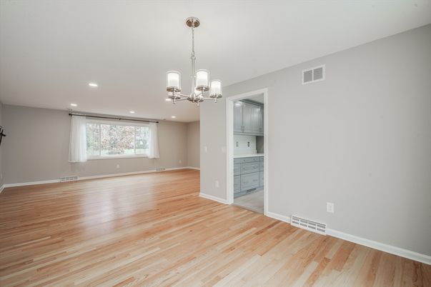 Chandelier, Empty room, Interior, Recessed Lighting, Wood Texture Flooring