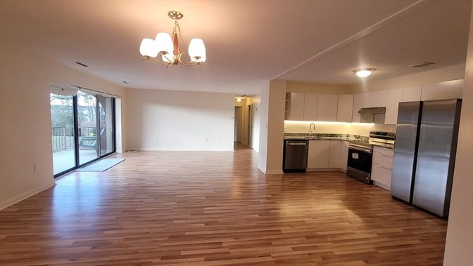 Chandelier, Empty room, Interior, Kitchen, Stainless Steel Appliances, Wood Texture Flooring