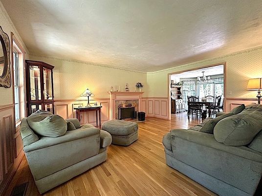 Chandelier, Dining room, Fireplace, Interior, Living room, Wood Texture Flooring