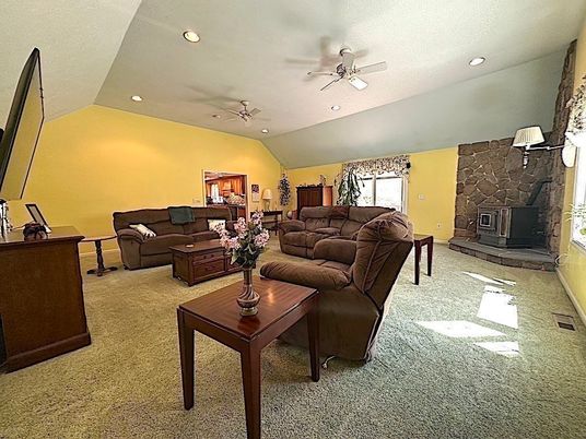Dining room, Fireplace, Interior, Living room, Recessed Lighting, Stone Walls