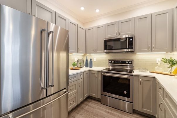Interior, Kitchen, Recessed Lighting, Stainless Steel Appliances, Wood Texture Flooring