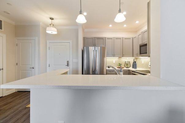 Interior, Kitchen, Pendant Lights, Recessed Lighting, Stainless Steel Appliances, Wood Texture Flooring