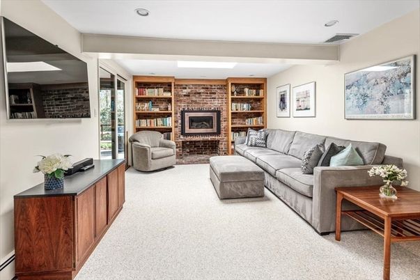 Fireplace, Interior, Living room, Recessed Lighting, Stone Walls