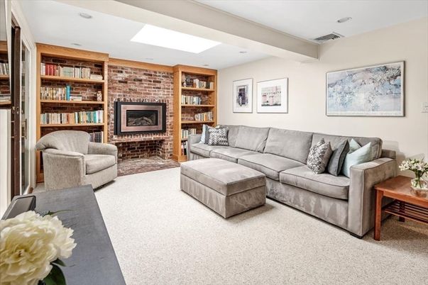 Fireplace, Interior, Living room, Recessed Lighting, Stone Walls