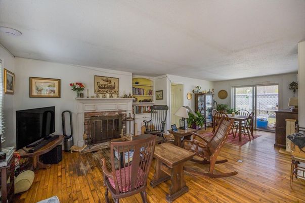 Dining room, Fireplace, Interior, Living room, Wood Texture Flooring