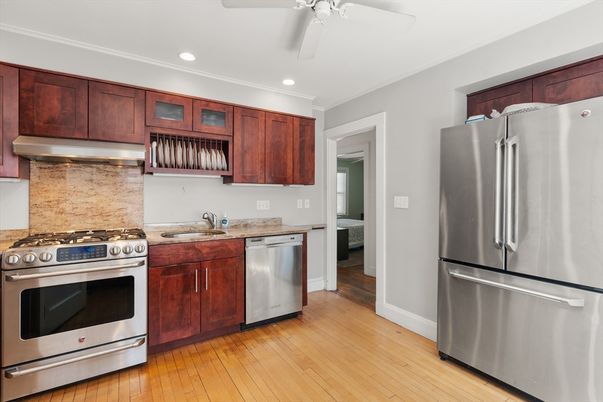 Interior, Kitchen, Recessed Lighting, Stainless Steel Appliances, Wood Texture Flooring