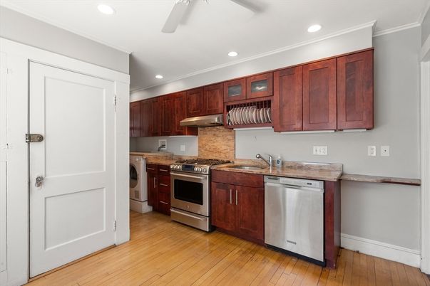 Interior, Kitchen, Recessed Lighting, Stainless Steel Appliances, Wood Texture Flooring