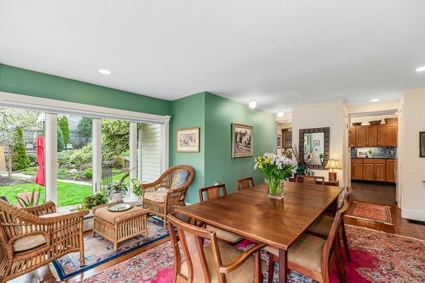 Dining room, Interior, Living room, Recessed Lighting, Wood Texture Flooring