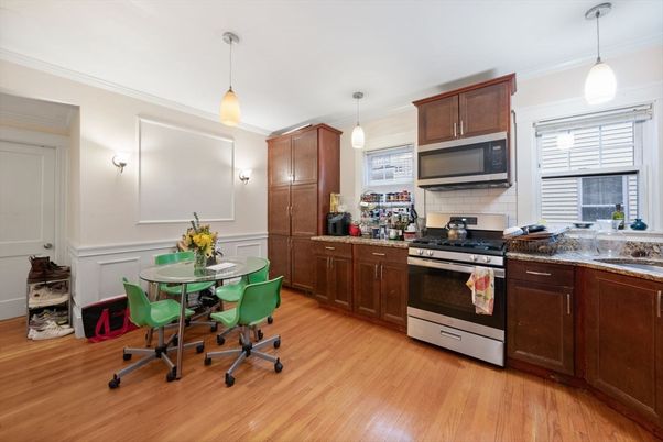 Dining room, Interior, Kitchen, Pendant Lights, Wood Texture Flooring